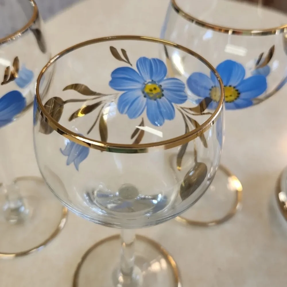 Vtg Romanian Glass Decanter Set 6 Wine Glasses Hand Painted Blue Floral Gold Rim
